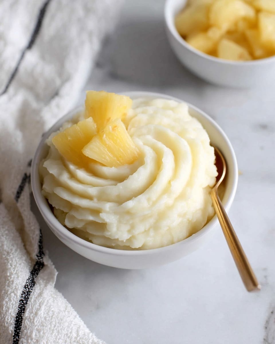 A small white bowl filled with a swirl of creamy mashed potatoes forming delicate ridged layers in a circular pattern, topped with three yellow pineapple chunks placed neatly on one side; a golden spoon rests inside the bowl on the right side. In the background, a white bowl with more pineapple chunks sits partially visible, all set on a white marbled surface with a soft white cloth featuring black stripes to the left. Photo taken with an iphone --ar 4:5 --v 7