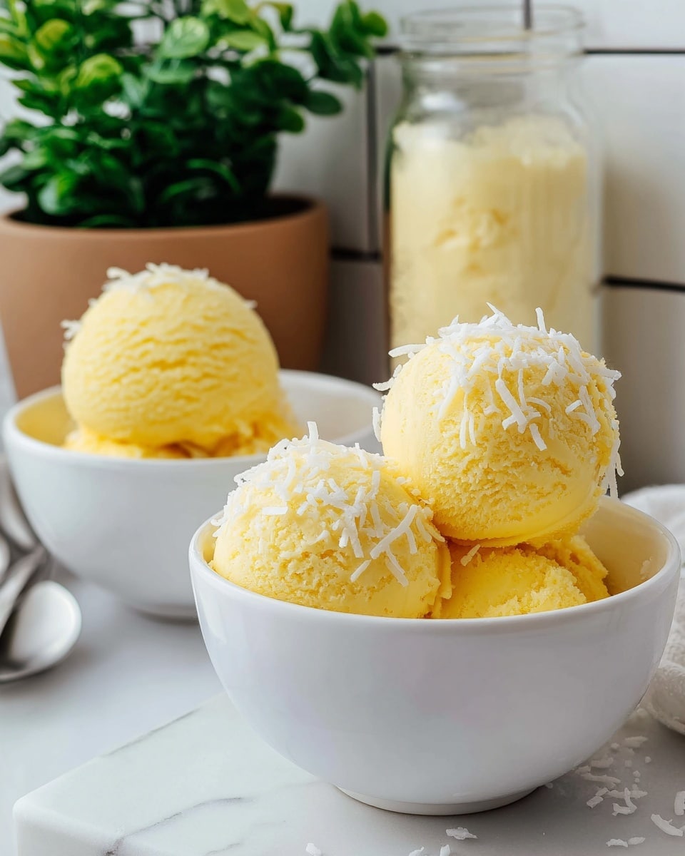 The image shows two white bowls of yellow ice cream scoops set on a white marbled surface, one bowl in the front and one slightly blurred in the back. The front bowl contains three creamy yellow ice cream scoops sprinkled with white shredded coconut, giving a textured look on top. The back bowl has two yellow ice cream scoops, smooth and slightly melting. Behind the bowls, there is a glass container with a creamy yellow substance and a green leafy plant in a brown pot to the left, all against a white tiled wall. photo taken with an iphone --ar 4:5 --v 7