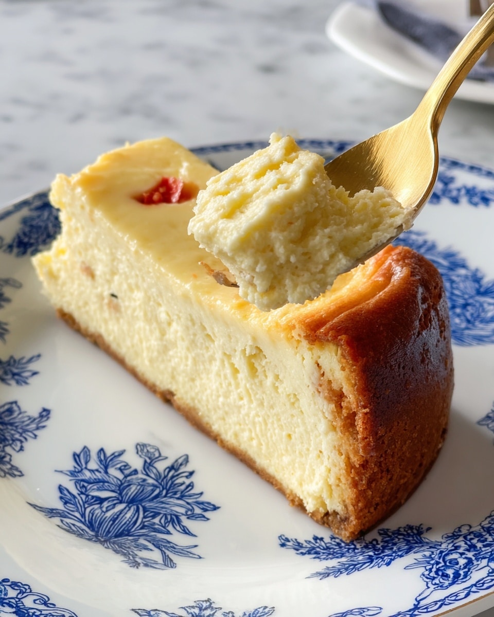 A slice of creamy, light yellow cheesecake with a smooth, soft texture is placed on a white plate with blue floral designs. The cheesecake has a golden-brown crust along the bottom and sides. A golden spoon holds a scoop of the cheesecake's fluffy interior, showing its dense, slightly grainy texture. A small piece of red fruit or zest is visible near the top edge. The plate rests on a white marbled surface in the background. Photo taken with an iphone --ar 4:5 --v 7