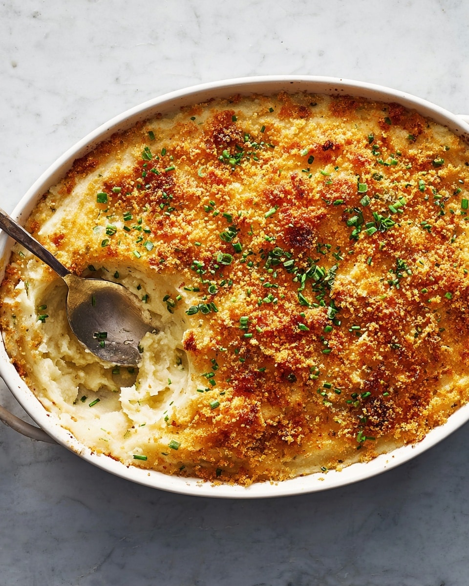 A close-up of a white dish filled with mashed potatoes topped with a golden-brown crispy breadcrumb layer sprinkled with small green herbs. A spoon holds a large scoop above the dish, showing the creamy, textured mashed potatoes beneath the crunchy, toasted top. The mashed potatoes are pale yellow with bits of green herbs mixed inside. The background is a dark, solid color and the dish sits on a white marbled surface. photo taken with an iphone --ar 4:5 --v 7