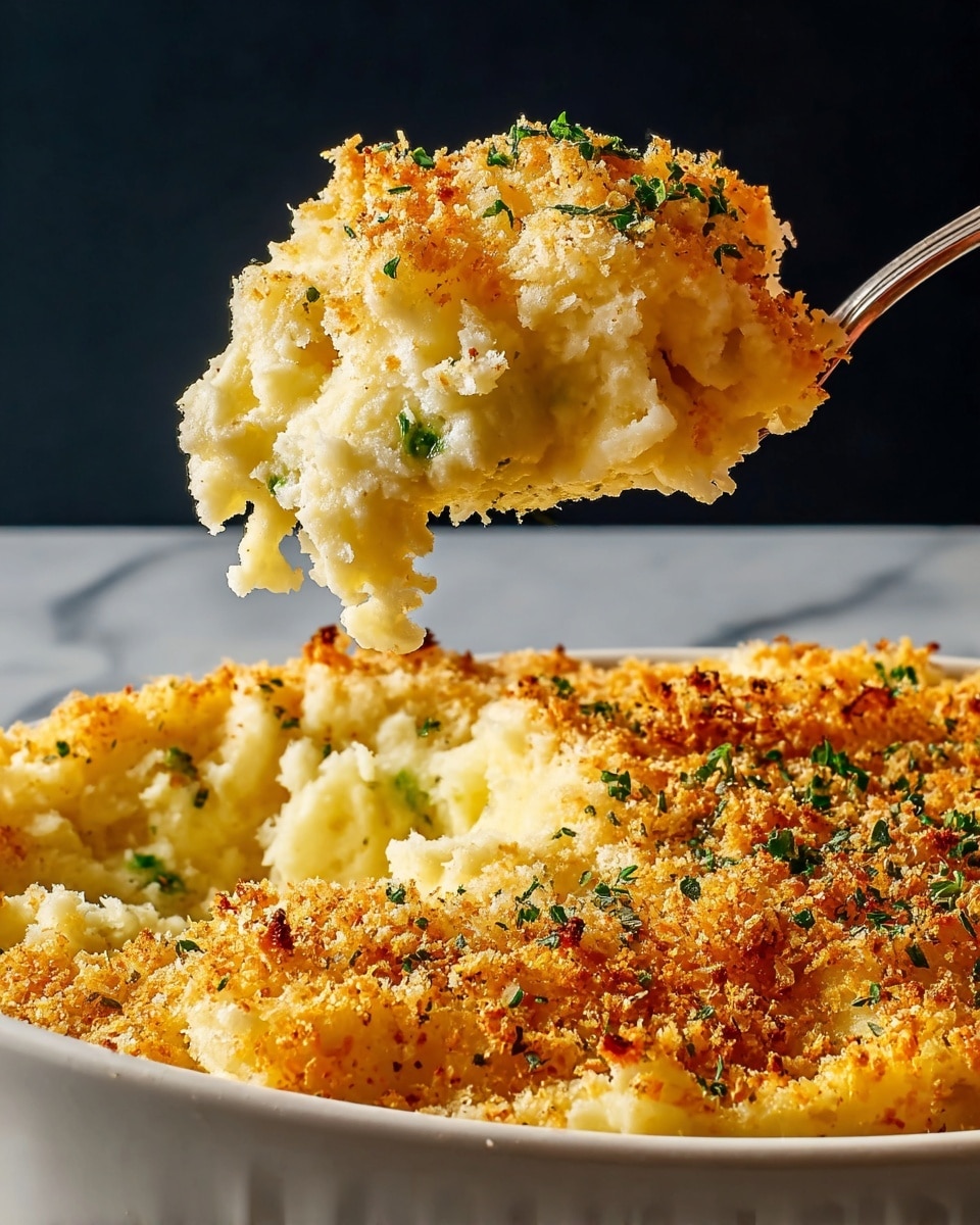 A white oval baking dish filled with a creamy mashed potato casserole, topped with a golden-brown, crispy layer of breadcrumbs sprinkled with finely chopped green herbs. The casserole has been scooped out slightly on one side with a large silver spoon, revealing the smooth and creamy mashed potato inside, which is pale and soft in texture. The dish sits on a white marbled textured surface, and the breadcrumbs on top vary from light golden to deeper browned patches, adding a crunchy contrast to the creamy base. Small green herb pieces are spread evenly on the top crust, enhancing the visual appeal. Photo taken with an iphone --ar 4:5 --v 7