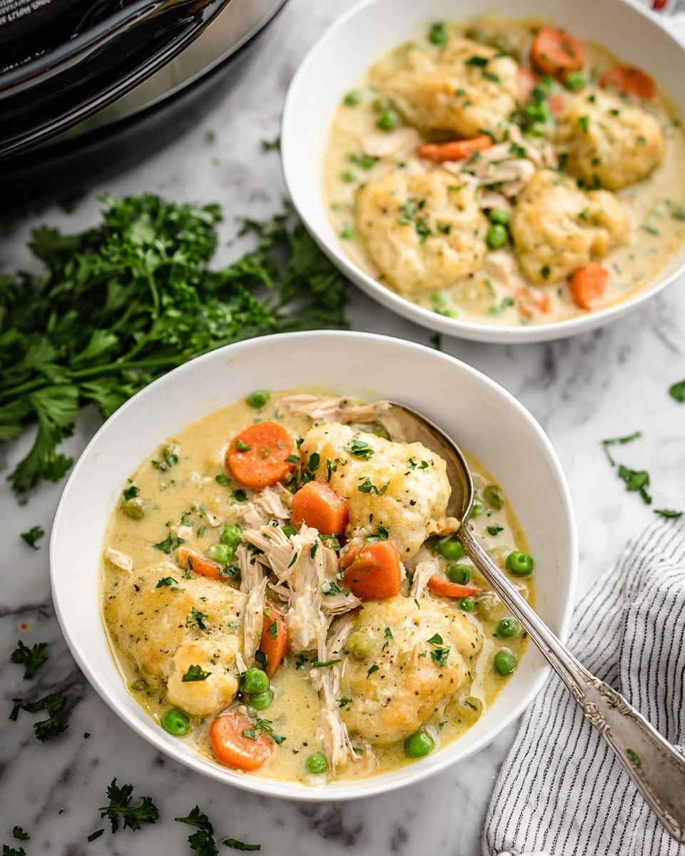 Two white bowls filled with creamy chicken and biscuit stew sit on a white marbled surface. Each bowl contains a base layer of soft, golden biscuit pieces and shredded chicken mixed with bright green peas and orange carrot slices in a thick, light yellow sauce. Fresh green herbs are sprinkled on top for garnish. One bowl has a vintage silver spoon standing inside, scooping some of the stew. In the background, there is a black slow cooker and fresh parsley leaves scattered near the bowls. A striped kitchen towel lies beside the slow cooker, adding a cozy touch. Photo taken with an iphone --ar 4:5 --v 7