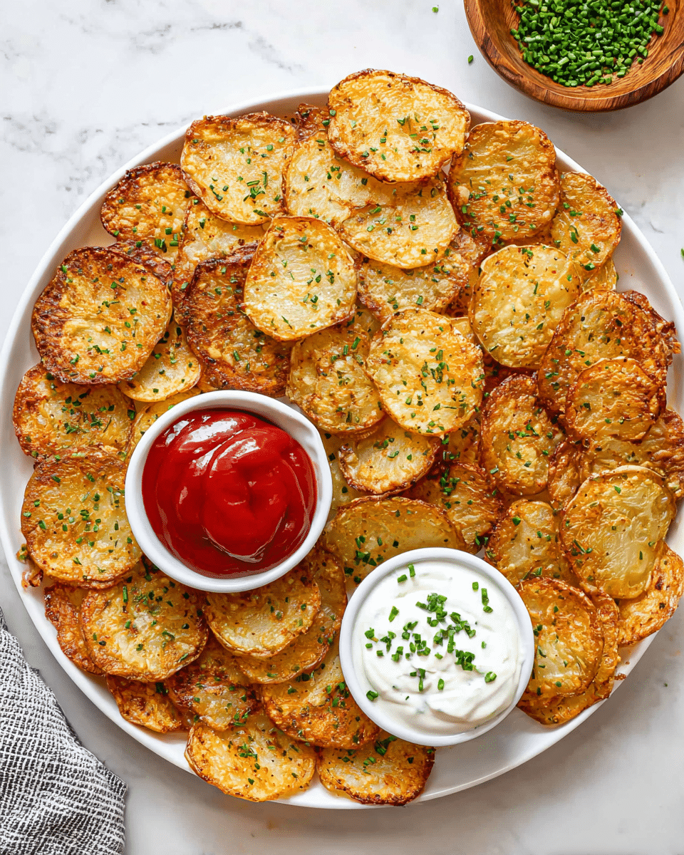 A white plate is filled with one layer of golden brown, crispy potato slices arranged in a circular pattern that covers the entire plate, each slice sprinkled with small green herb pieces. On the left side of the plate, two small white bowls sit side by side; the top bowl contains bright red ketchup with a smooth texture, and the bottom bowl holds creamy white ranch dressing topped with chopped green chives. The plate is placed on a white marbled surface, and a wooden bowl with more chopped green herbs is partially visible at the top right corner. photo taken with an iphone --ar 4:5 --v 7