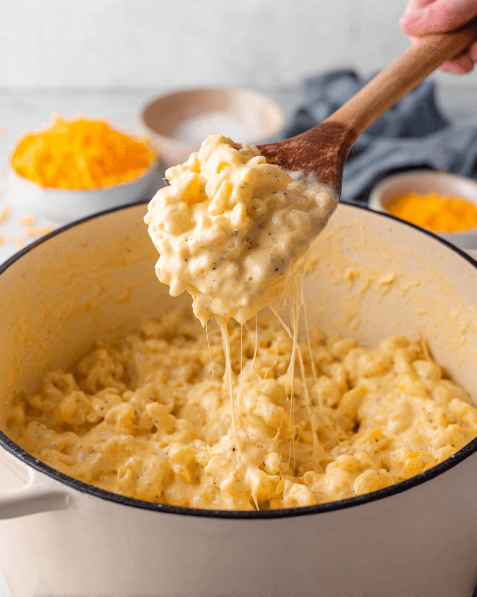 The image shows a thick, creamy macaroni and cheese inside a large white pot with a black rim. One layer of cheesy pasta is at the bottom, creamy and soft in pale yellow color with hints of black pepper specks. A wooden spoon is lifting a scoop of the macaroni, showing melted cheese strings stretching from the pot to the lifted portion. In the blurred background, there are small white bowls containing bright orange and white shredded cheese on a white marbled surface. A woman's hand holds the wooden spoon, which has a light-colored handle. Photo taken with an iphone --ar 4:5 --v 7