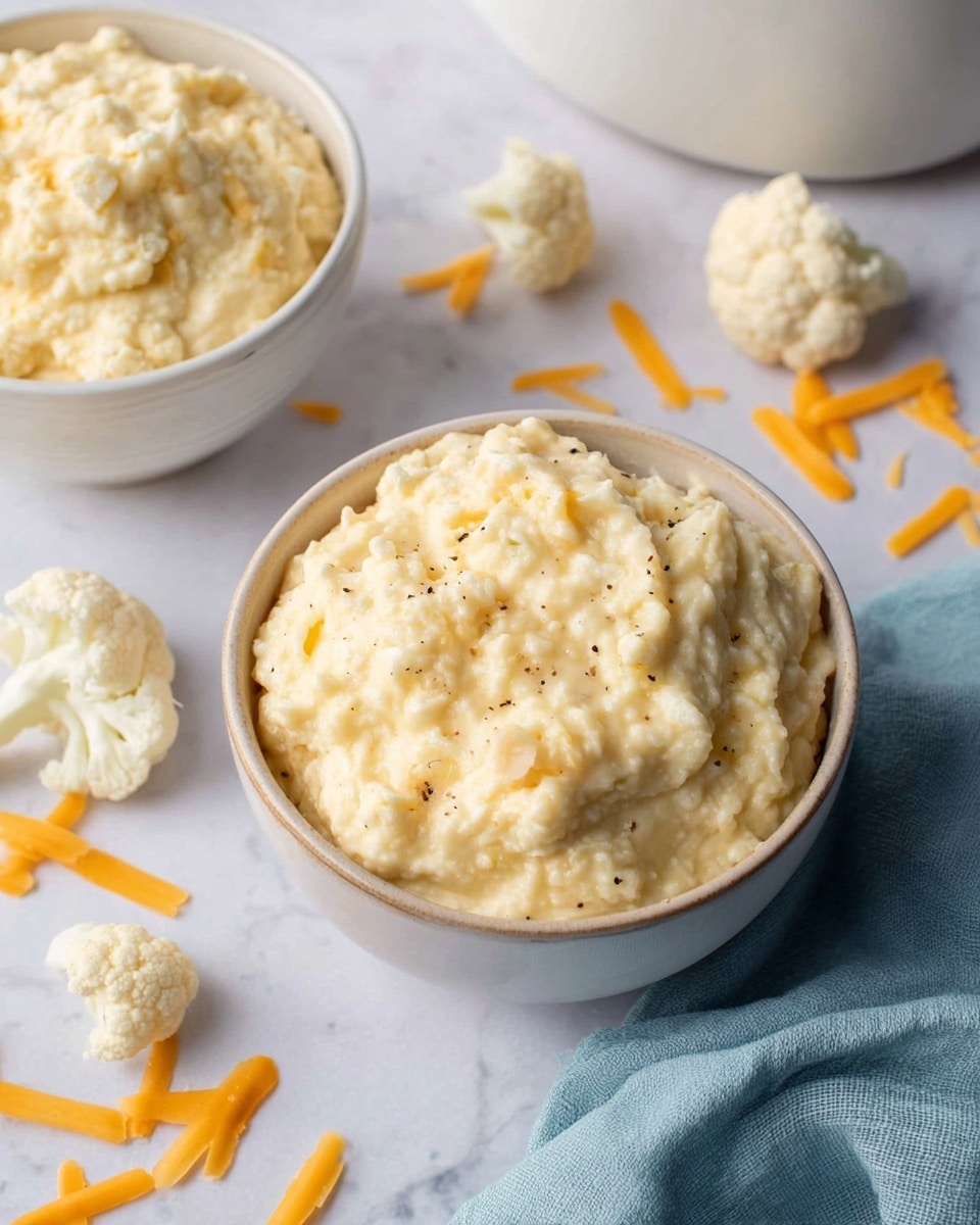 The image shows two white bowls filled with a thick, creamy, pale yellow mixture that has a slightly chunky texture and some black pepper flecks. The mixture looks soft and smooth with small lumps throughout. Around the bowls, there are pieces of raw cauliflower and thin strips of shredded cheddar cheese scattered on a white marbled surface. There is also a light blue cloth partially visible on the bottom right side. In the background, part of a large white container is visible, slightly blurred. Photo taken with an iphone --ar 4:5 --v 7