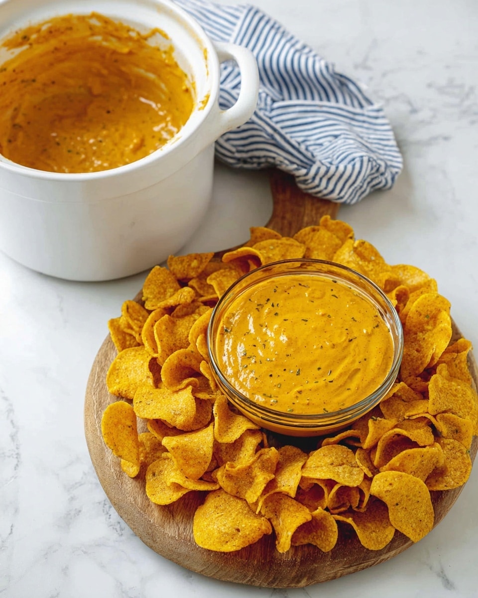 A close-up of a white round bowl filled with a smooth, creamy yellow cheese dip with spices, placed in the center of a pile of yellow curved corn chips with a crunchy texture. A woman's hand is dipping one chip into the cheese sauce, lifting it so the sauce clings to the chip and stretches slightly. Behind the bowl, there is a white slow cooker with a red light and a white knob, and a white marbled surface with a blurred white and gray striped cloth in the background. photo taken with an iphone --ar 4:5 --v 7
