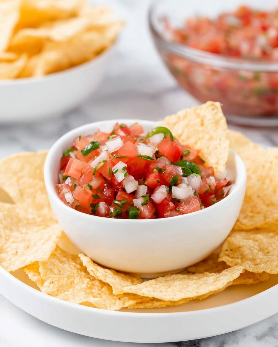 A small white bowl holds fresh salsa made of small pieces of red tomatoes, white onions, and green jalapeño with some green cilantro, with one tortilla chip dipped into the salsa from the back of the bowl. The bowl sits on a white plate surrounded by more yellowish, slightly speckled tortilla chips. In the background, there is another white bowl filled with salsa and a clear bowl of tortilla chips, all placed on a white marbled surface. The colors are bright and fresh, showing the contrast of the red, white, and green salsa against the yellow chips. photo taken with an iphone --ar 4:5 --v 7