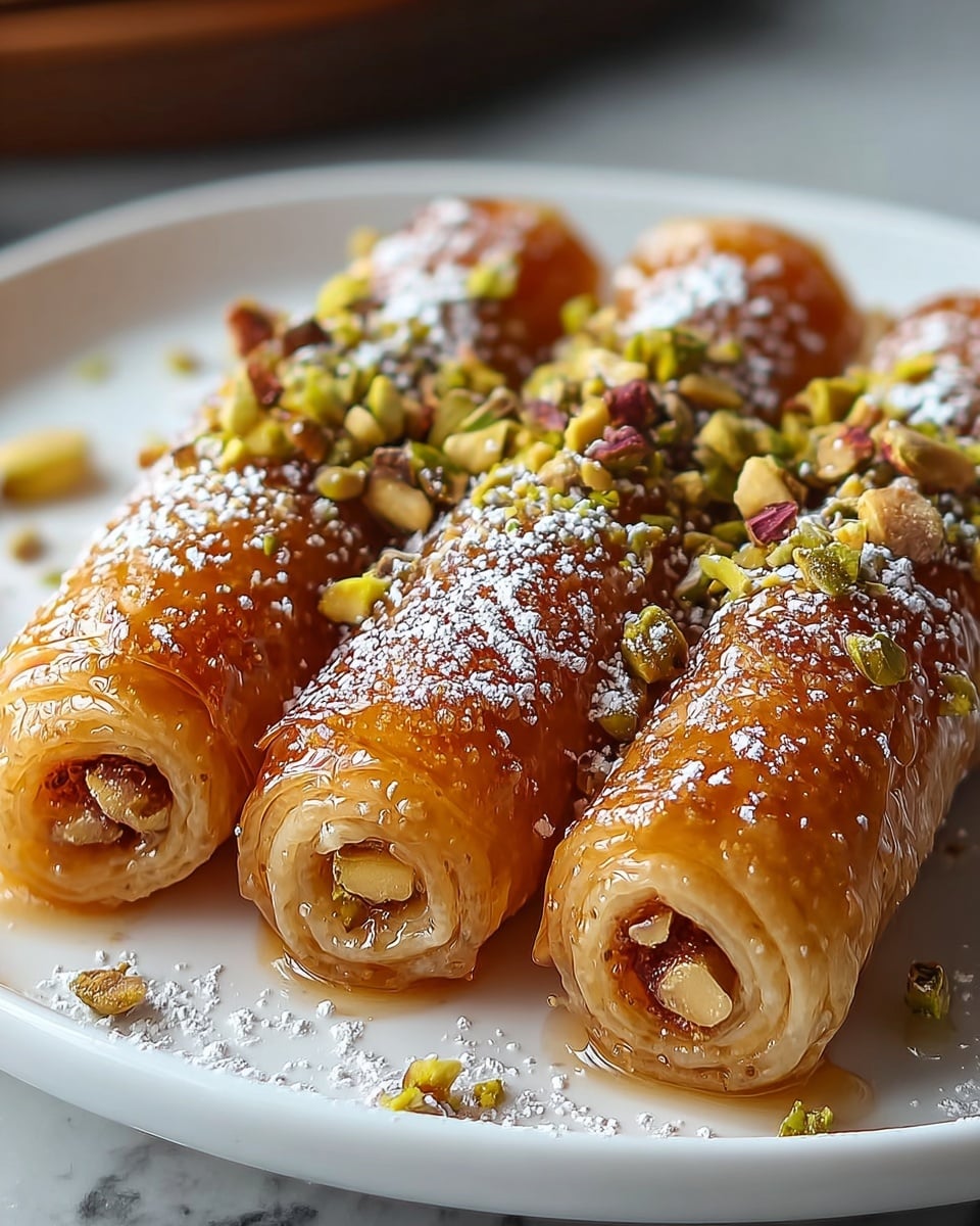 Four shiny golden brown rolled pastries are neatly lined up on a white plate. Each roll shows a sticky syrup coating, making them look glossy and sweet. Small pieces of chopped green pistachios are sprinkled over the rolls, along with a light dusting of white powdered sugar. Through the ends of the rolls, small nuts can be seen inside. The plate rests on a white marbled textured surface. photo taken with an iphone --ar 4:5 --v 7