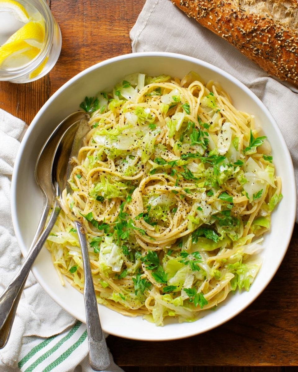 A white bowl filled with thin yellow pasta noodles mixed with light green cooked cabbage pieces, topped with chopped fresh green herbs and sprinkled with black pepper. On the left side of the bowl, a silver fork and spoon are placed together resting on the edge. The bowl sits on a wooden surface, next to a white cloth with green stripes, and a piece of seeded bread partially visible. In the upper left corner, a glass of water with lemon slices is also visible. photo taken with an iphone --ar 4:5 --v 7
