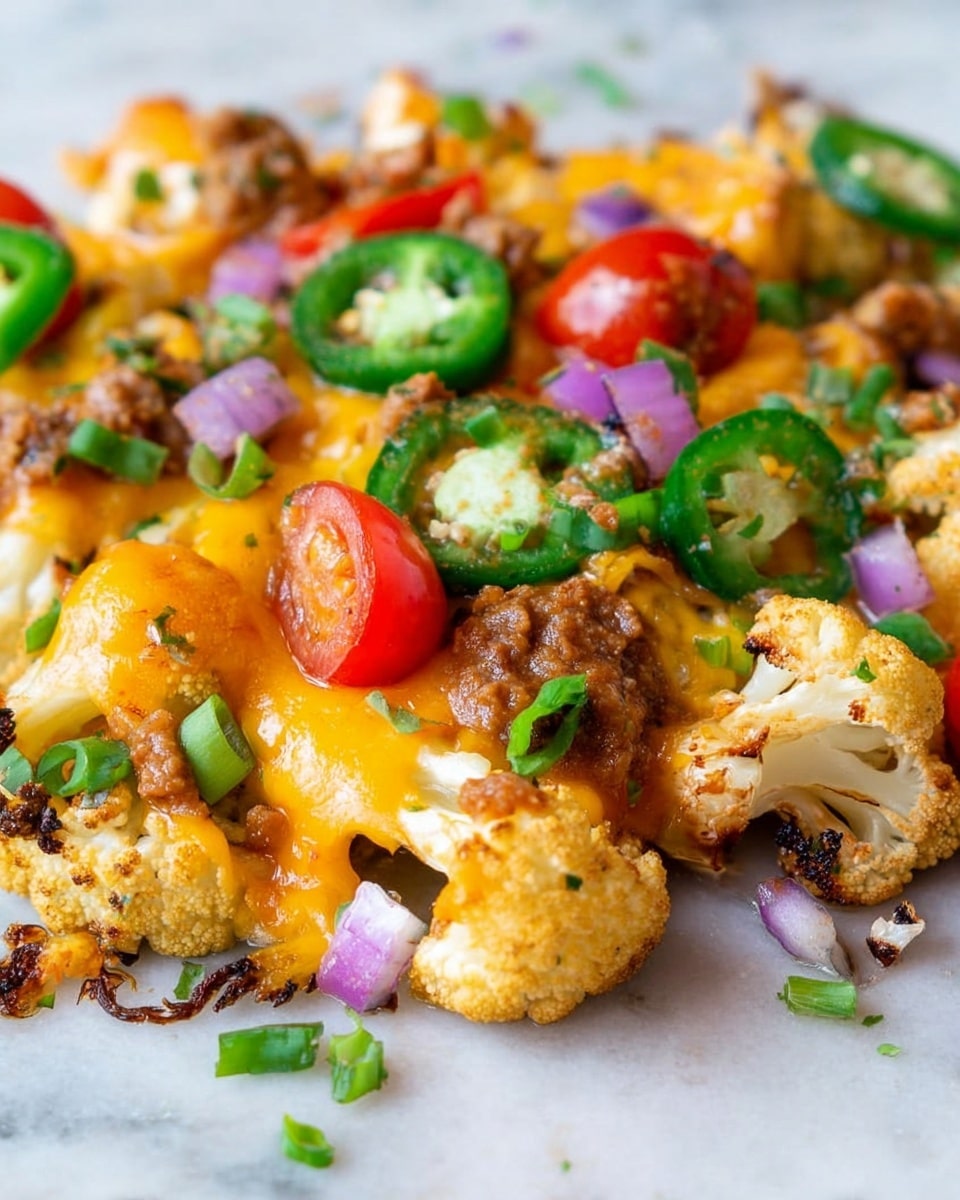 The dish shows roasted cauliflower pieces as the bottom layer, with a golden-brown roasted texture. On top of the cauliflower is melted orange cheddar cheese, spreading over the florets. Small slices of green jalapeño peppers and red tomato chunks are scattered across the cheese. There are dollops of a brown bean paste and small pieces of chopped purple onion scattered around. Green chopped herbs and spring onions are sprinkled on top, adding a fresh contrast to the warm colors. The dish is presented on a white marbled background. photo taken with an iphone --ar 4:5 --v 7