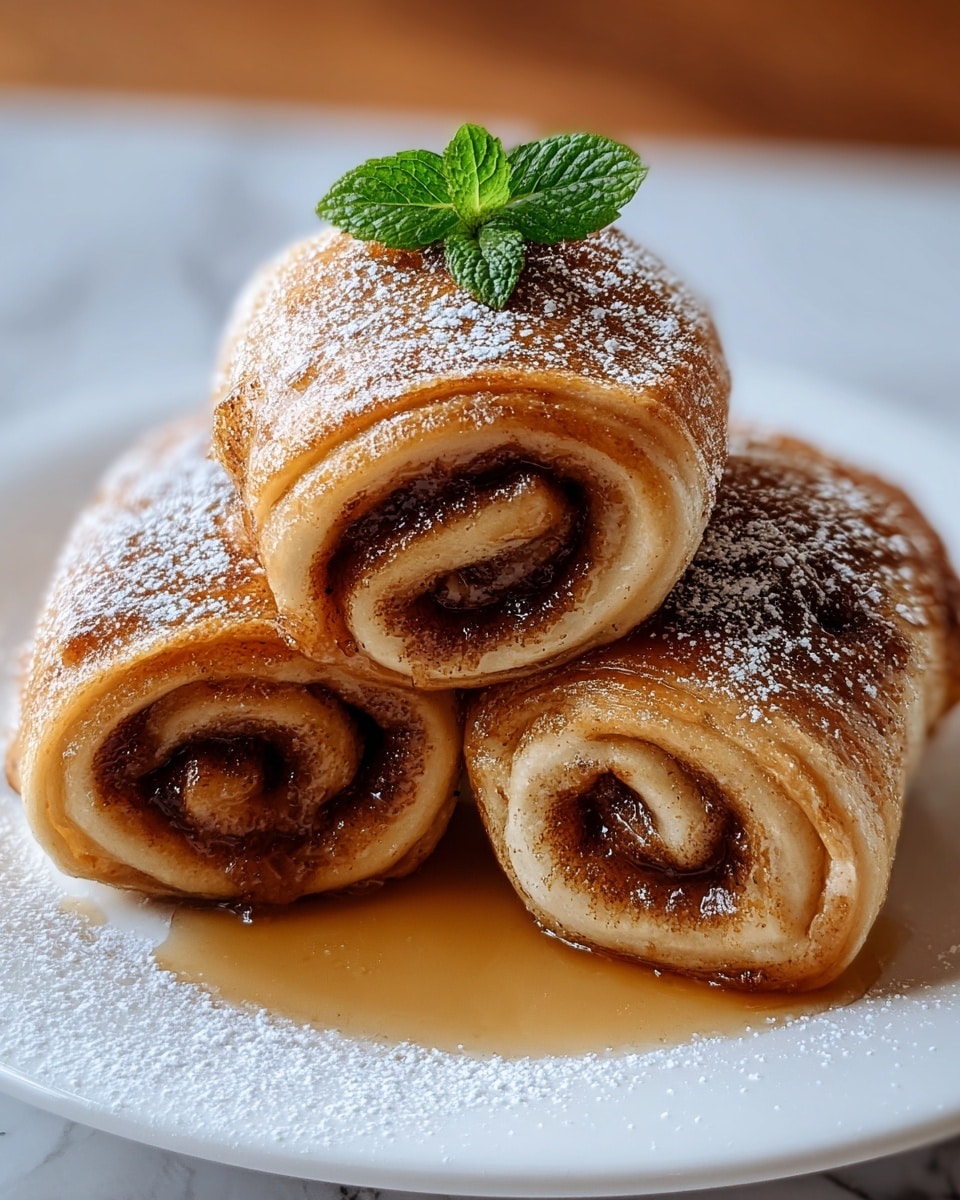 Three rolled pastries with a golden-brown outer layer, showing visible spiral layers inside where a darker cinnamon-like filling swirls within the dough. The rolls are stacked in a small pyramid on a white plate, lightly dusted with powdered sugar on top and around the edges of the plate. The plate is placed on a white marbled surface. A small sprig of green mint leaves decorates the top roll, adding a fresh contrast to the warm brown and beige tones of the pastries. A light syrup pools around the base of the rolls, giving a shiny, sticky texture. photo taken with an iphone --ar 4:5 --v 7