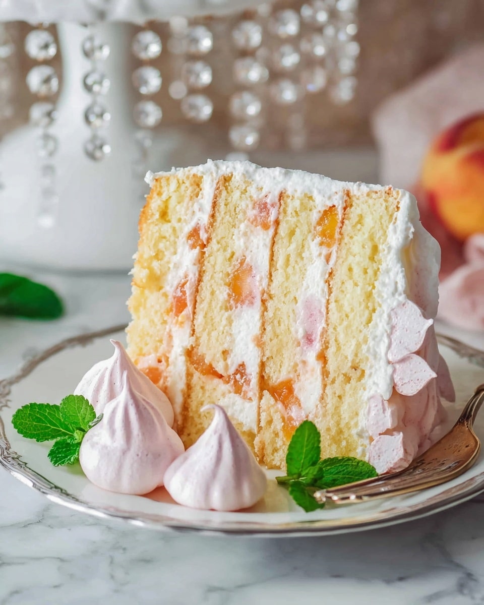 A slice of layered cake sits on a white plate with a delicate silver rim, placed on a white marbled surface. The cake has four soft, golden-yellow sponge layers separated by three thick layers of light pink cream with small peach-colored fruit pieces inside, alternating with thinner white cream layers. On the side of the plate are three soft, light pink meringue kisses, with another meringue on the surface in front of the plate. Fresh green mint leaves add a pop of color beside the cake, and a dessert fork rests on the right edge of the plate. In the softly blurred background, a white decorative stand with hanging crystal beads is visible. Photo taken with an iphone --ar 4:5 --v 7
