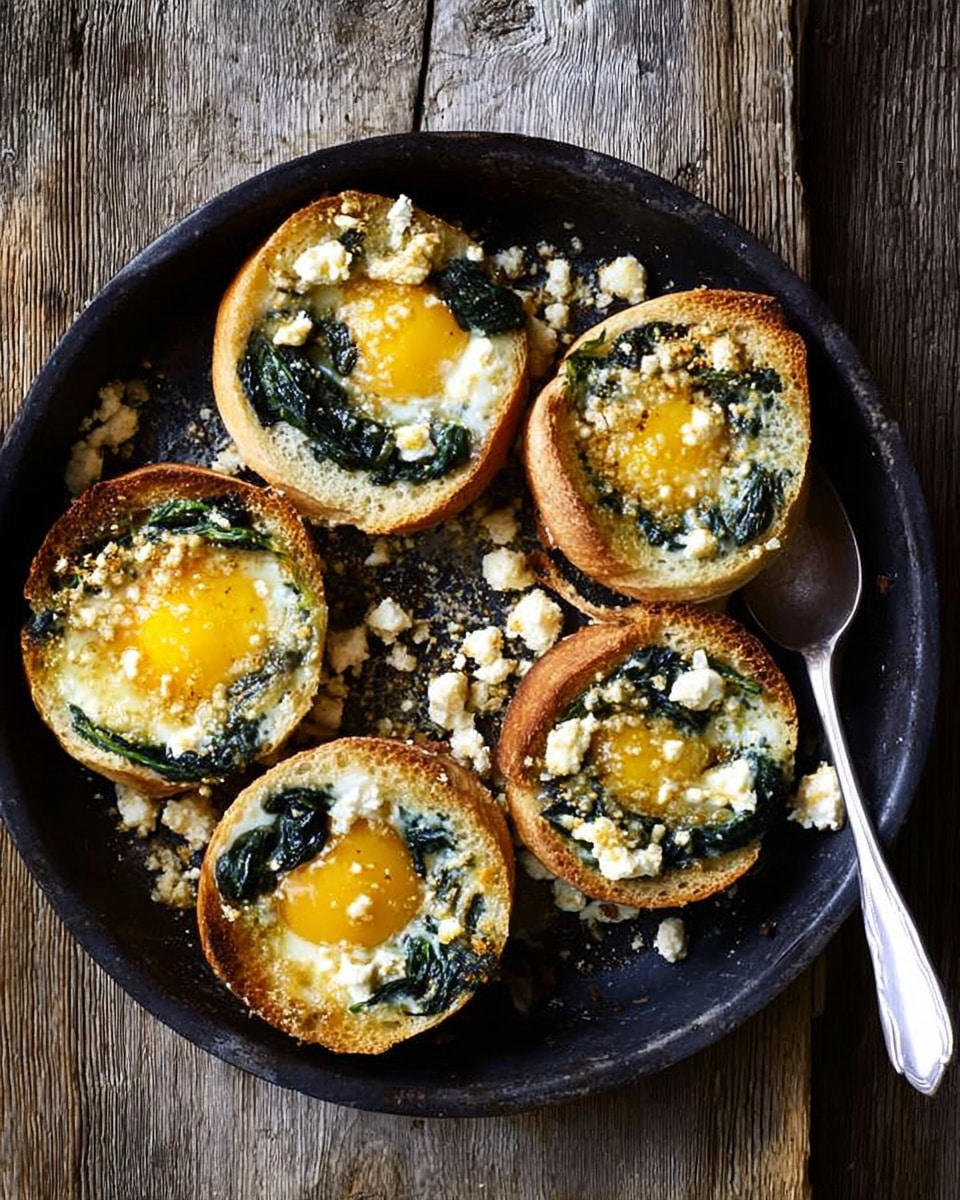 A round black pan filled with five egg nests made from toasted bread slices with the centers hollowed out. Each nest holds a bright yellow cooked egg yolk in the middle, surrounded by cooked dark green spinach and white crumbled cheese. The cheese has melted slightly and scattered inside and around the nests, with some golden-brown spots from baking. A silver spoon rests inside the pan on the right side. The pan is placed on a rustic wooden surface. photo taken with an iphone --ar 4:5 --v 7
