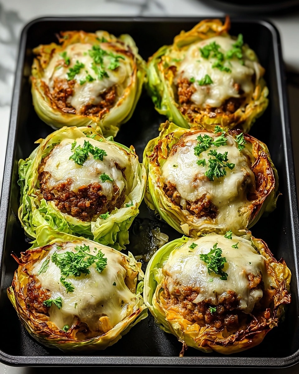 The image shows six stuffed cabbage cups arranged in two rows on a black baking tray. Each cup has three layers: the bottom layer is green cabbage leaves with browned, crispy edges; the middle layer is a round, browned ground meat patty; and the top layer is melted white cheese that covers the meat, with small chunks of green parsley sprinkled on top. The cabbage cups have a slightly shiny, cooked texture, and the meat looks juicy with a coarse ground texture. The background is a white marbled surface. photo taken with an iphone --ar 4:5 --v 7