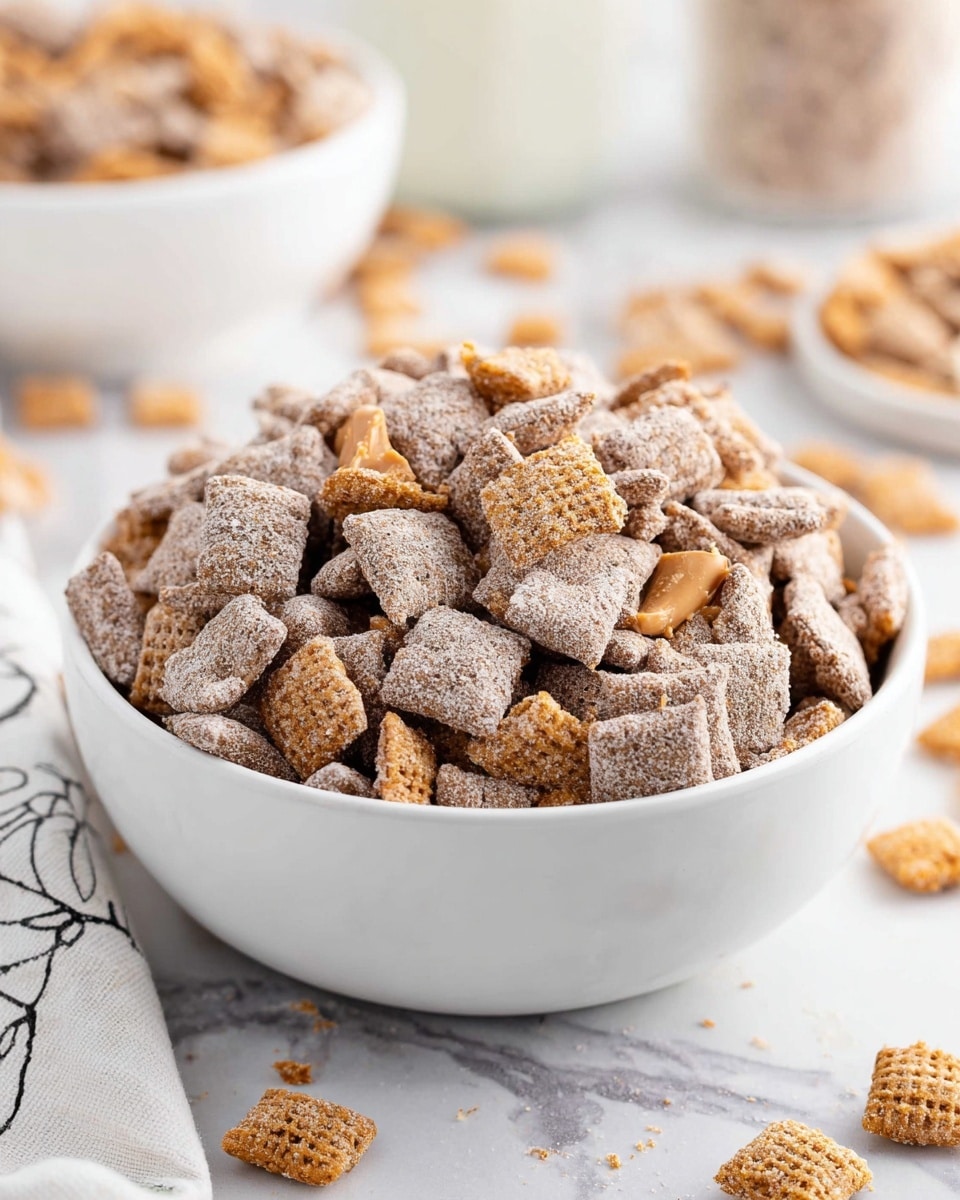 A white bowl filled with small, square cereal pieces covered in a light brown powder, giving them a dusty texture. Mixed in are broken crunchy peanut butter chip pieces scattered evenly throughout. The bowl sits on a white marbled surface with a white cloth featuring black patterns partially visible on the left side. In the background, there are blurred white bowls with similar cereal and peanut butter chips, creating a soft, bright setting. photo taken with an iphone --ar 4:5 --v 7