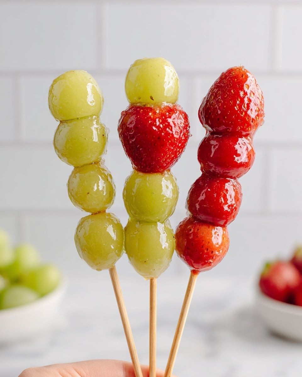 Three fruit skewers are held up by a woman's hand against a white marbled surface with a white tiled wall in the background. The first skewer on the left has three green grapes stacked vertically, shiny and covered in a thin layer of clear sugar glaze. The middle skewer has a green grape at the bottom, a large red strawberry with visible seeds in the middle, and another green grape on top, all covered in the same shiny sugar glaze. The third skewer on the right has three red strawberries stacked vertically, also shiny with the sugar glaze coating. The wooden sticks are thin and light brown, visible beneath the fruit. photo taken with an iphone --ar 4:5 --v 7