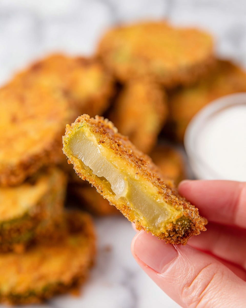 A close-up image shows a woman's hand holding a thin, cross-section slice of a breaded and fried pickle. The outer layer is a golden brown, crispy breading with a slightly grainy texture. Inside, there are two distinct layers: a thicker, translucent light green pickle layer on the bottom and a thinner, pale yellow layer above it, both juicy-looking. The background features more whole fried pickles out of focus on a white marbled surface, with a small white bowl of white dipping sauce nearby, also blurred. photo taken with an iphone --ar 4:5 --v 7