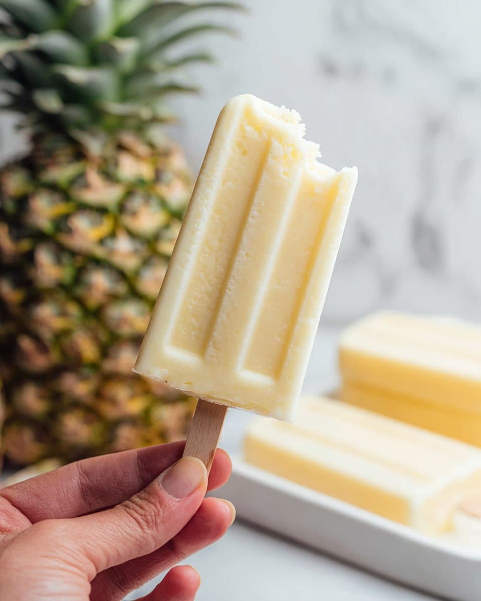 A close-up of a creamy pale yellow popsicle with a bite taken out of the top right corner, showing a smooth texture with slight frosty details. It is held by a wooden stick gripped by a woman’s hand with visible skin texture and natural color. In the background, a whole pineapple with green leaves and textured skin is blurred, sitting on a surface with a white marbled texture. A white rectangular tray holding another similar popsicle lies slightly out of focus behind the hand. The bright lighting highlights the popsicle’s soft, icy surface and the overall fresh, cool vibe. photo taken with an iphone --ar 4:5 --v 7