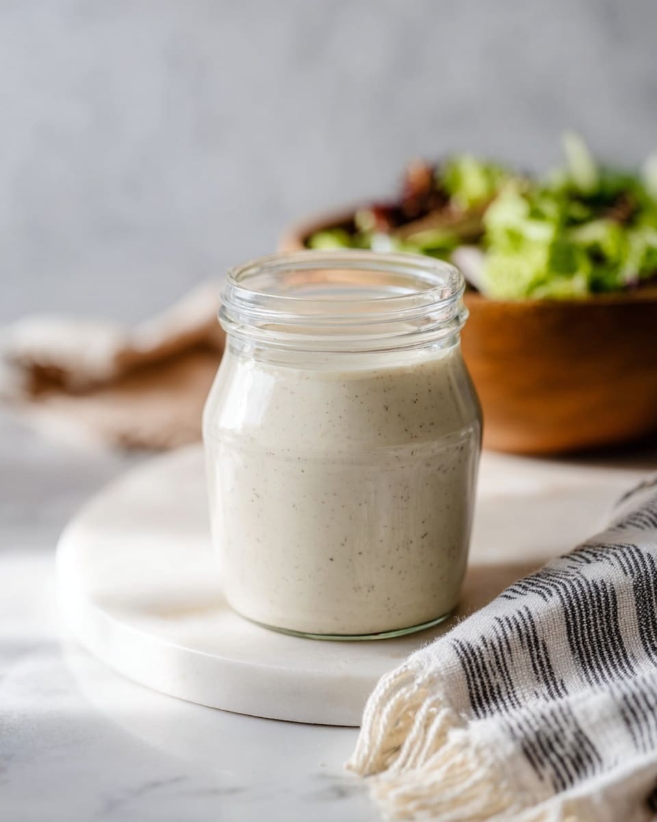 A small clear glass jar filled with a smooth, creamy white sauce with tiny black specks, sitting on a round white marble board. Next to the jar is a silver spoon with some of the sauce on it, resting on the marble surface. The background shows a soft focus of a white marbled texture with a striped cloth blurred in the back. The light is soft and natural, coming from the left side, casting gentle shadows. photo taken with an iphone --ar 4:5 --v 7