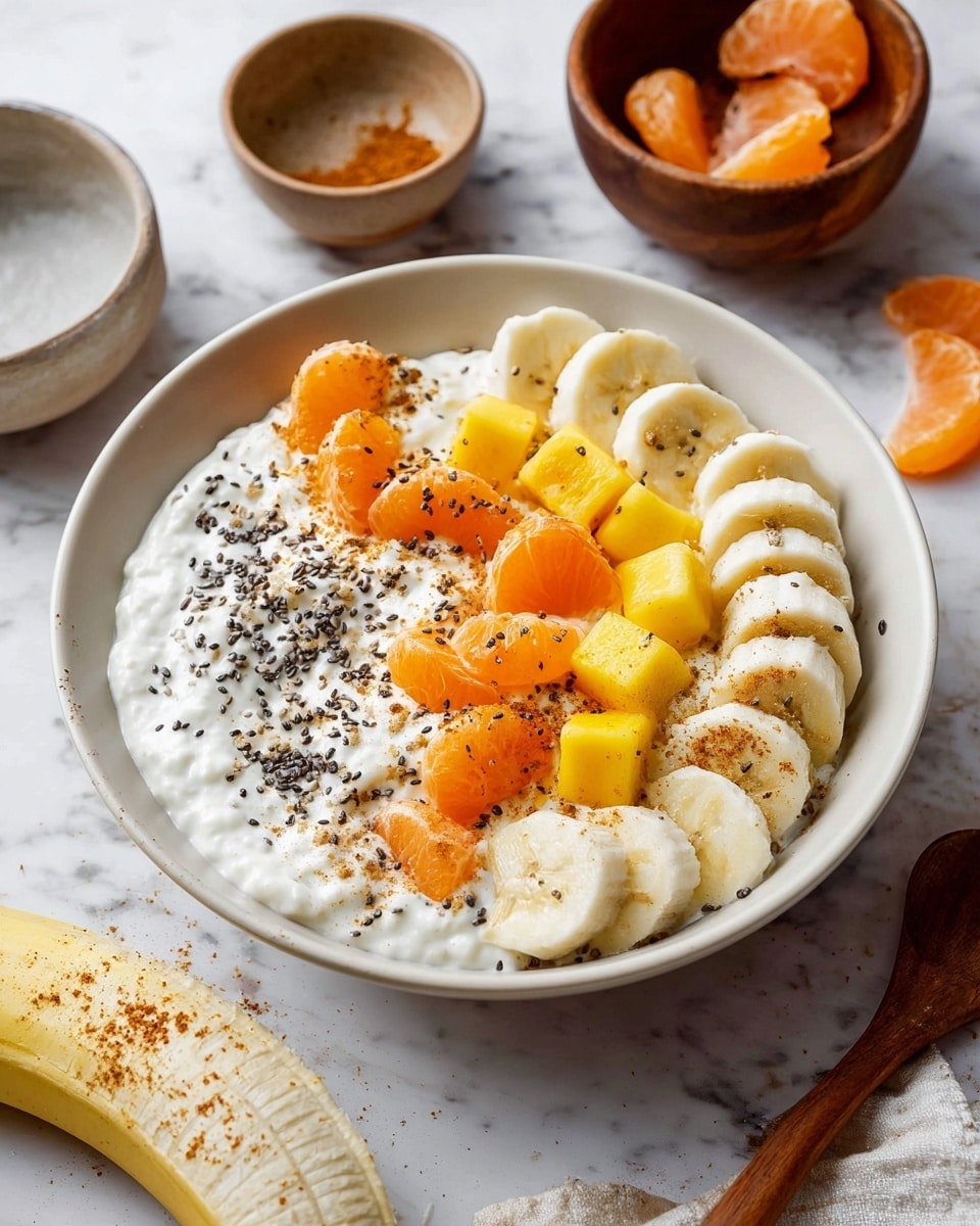 A white bowl filled with a thick layer of white cottage cheese forms the base, topped with neat rows of sliced banana on one side, bright orange mandarin segments, and small yellow mango cubes arranged in the center; the fruit is sprinkled lightly with black and white seeds and a dusting of brown cinnamon powder, all placed on a white marbled surface with a peeled banana and small wooden and ceramic bowls nearby. photo taken with an iphone --ar 4:5 --v 7