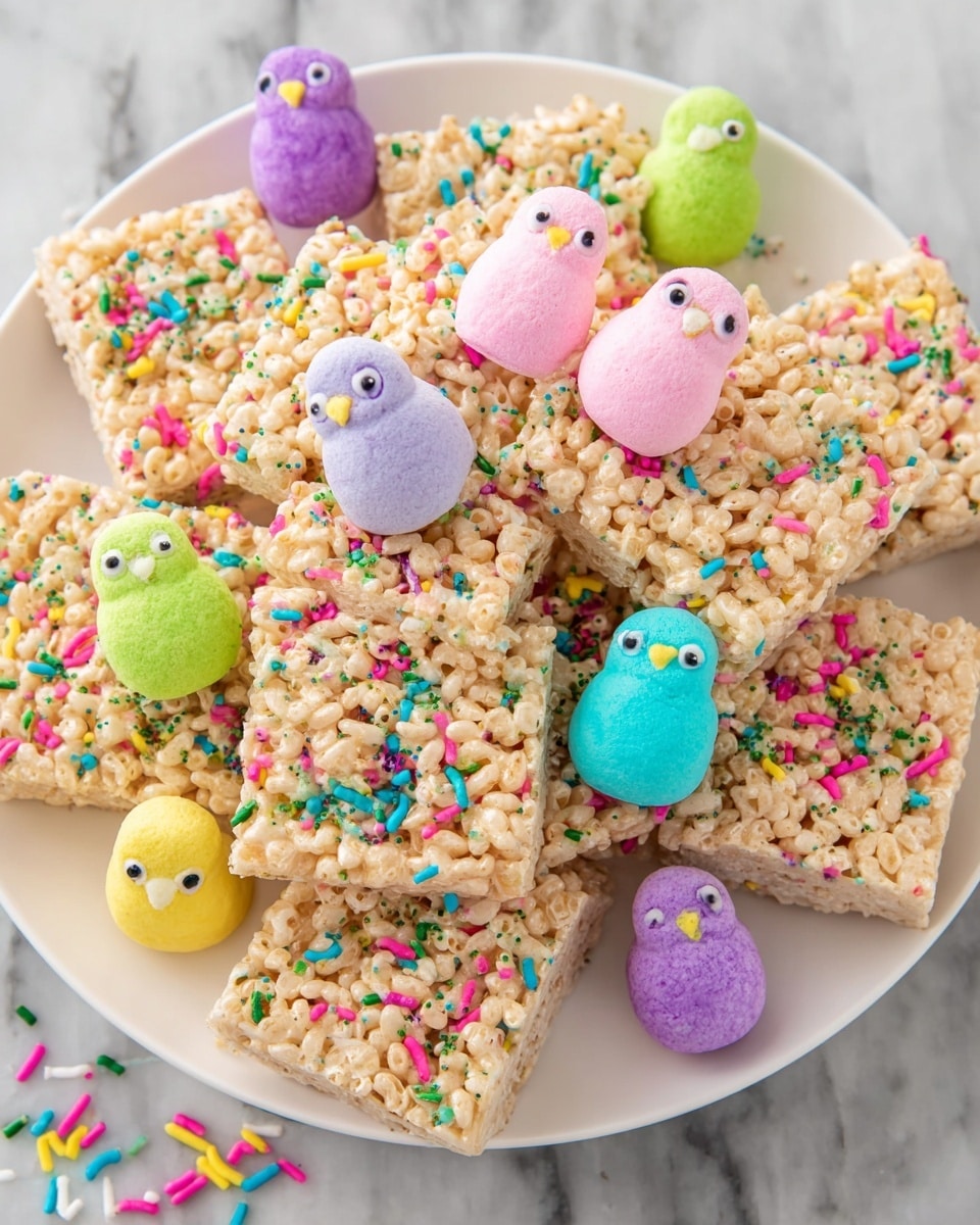 A white plate is filled with square-shaped rice crispy treats that have a light golden color and a slightly rough texture from the puffed rice. Each treat is decorated with small, colorful round and rod-shaped sprinkles scattered all over their surfaces, adding bursts of pink, blue, green, yellow, purple, and orange. On top of several treats, there are marshmallow shapes resembling little chicks in pastel colors of purple, blue, pink, green, and yellow, each with tiny dark eyes. The plate sits on a white marbled surface with a few sprinkles scattered around. photo taken with an iphone --ar 4:5 --v 7