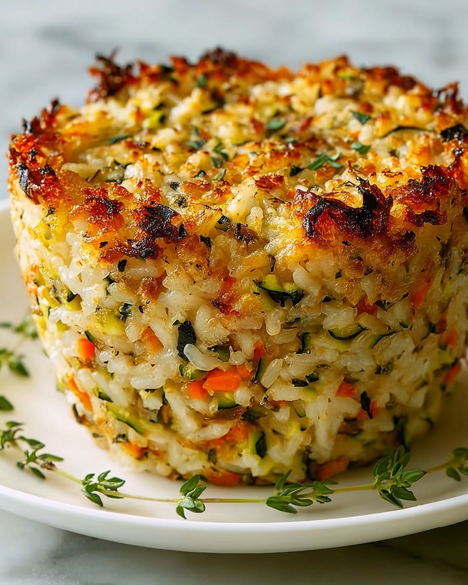 The image shows a tall, round mound of baked rice mixed with small pieces of green zucchini, orange carrot, and herbs. The dish has a golden, crispy top layer with browned bits, sprinkled with fresh green thyme leaves. The rice grains are white and fluffy, and the vegetables are spread evenly throughout the mound, giving it a colorful, textured look. The dish sits on a clean white plate placed on a white marbled surface. photo taken with an iphone --ar 4:5 --v 7