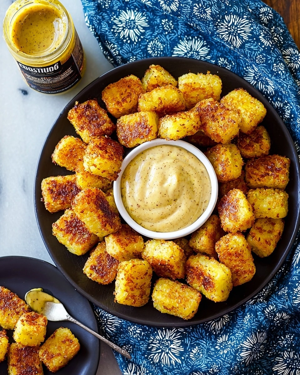 A large black plate filled with about thirty small, golden-brown, crispy potato bites arranged around a small white bowl of thick grainy mustard sauce in the center. Each potato bite has a slightly uneven rectangular shape with a crispy, browned exterior and a soft yellow inside. The plate is set on a white marbled texture with a folded blue cloth featuring a white floral pattern nearby. A jar of mustard with a white label and dark lid is placed beside the plate, while a smaller black plate with some potato bites and a spoonful of mustard sits on the corner. Photo taken with an iphone --ar 4:5 --v 7