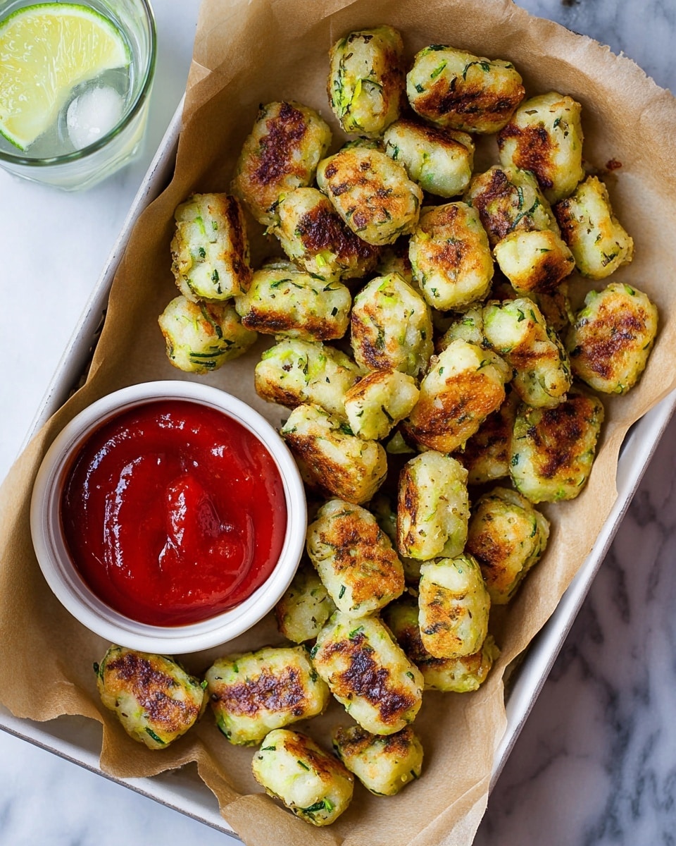The image shows a white tray lined with brown parchment paper filled with golden-brown mini zucchini gnocchi that have green flecks of zucchini throughout. They are small, rounded rectangular shapes with a slightly crispy, browned surface. In the bottom part of the tray, there is a small white round bowl filled with bright red ketchup. On the left edge of the image, a glass with a lime slice and a clear drink is partially visible. The setting is on a white marbled surface. photo taken with an iphone --ar 4:5 --v 7