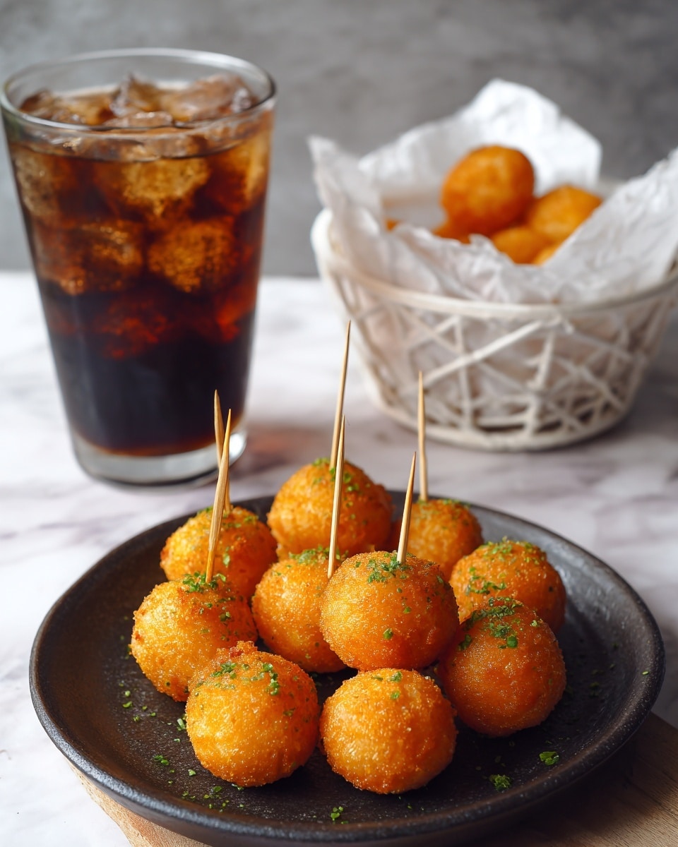The image shows a blue speckled plate holding eight shiny orange-golden pieces of food, each pierced with a thin wooden stick. The pieces have a glossy, translucent sauce coating with green herbs inside the sauce. The pieces vary in shape, some round and some more cylindrical. On the right side of the plate lies a fresh lemon slice with visible bright yellow rind and juicy pale yellow inside. The plate is set on a light wooden table with a white marbled texture background. Nearby, a clear glass cup filled with red sauce and a white bowl with green and yellow food elements are partially visible in the background. Photo taken with an iphone --ar 4:5 --v 7