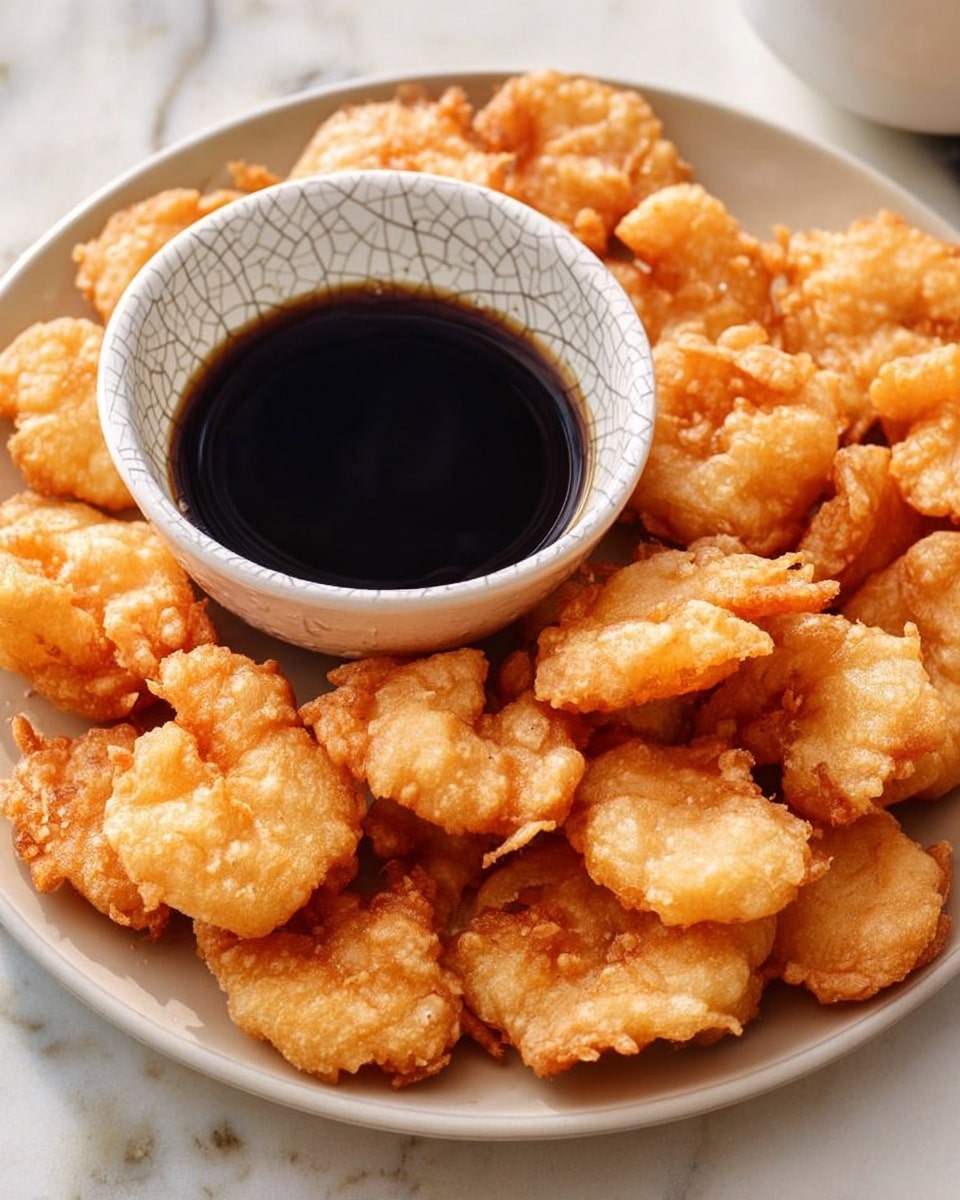 The dish shows a pile of golden brown, crispy fried calamari rings arranged in a small stack on a white plate, each piece having a bubbly, crunchy texture. Small green parsley leaves are scattered on top, adding a fresh touch. Behind the plate, there are three small white bowls with different sauces in black, dark brown, and orange colors, slightly out of focus. The setup sits on a white marbled surface. photo taken with an iphone --ar 4:5 --v 7