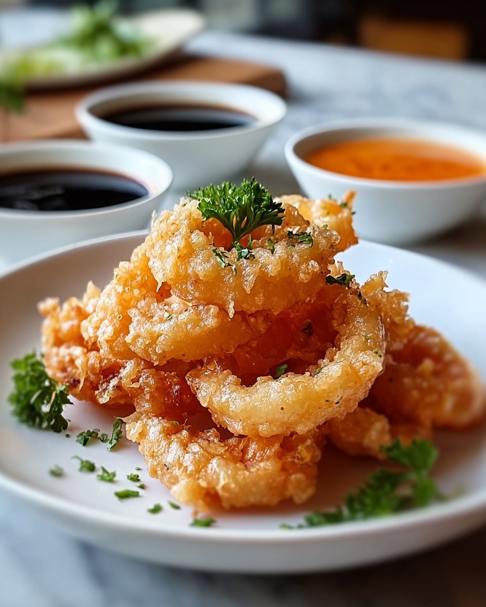A round white plate filled with golden brown, crispy fried battered shrimp pieces arranged around a small white bowl with a cracked pattern, filled with dark soy sauce in the center. The shrimp have a crunchy texture with some edges slightly curled. The background surface is a white marbled texture. Photo taken with an iphone --ar 4:5 --v 7
