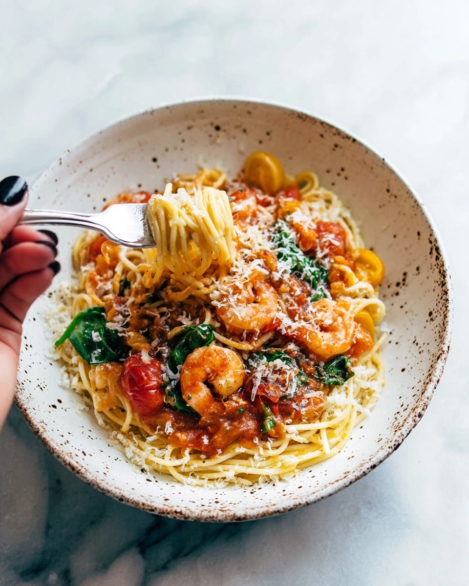 A bowl filled with a nest of light yellow spaghetti noodles forms the base layer, topped with an orange-red tomato sauce mixed with small pieces of cooked shrimp, yellow cherry tomatoes, and green spinach leaves, all sprinkled with white grated cheese. A woman's hand with dark-painted nails is lifting a fork twirling some noodles from the left side of the white bowl with speckled brown dots, placed on a white marbled surface. Photo taken with an iphone --ar 4:5 --v 7
