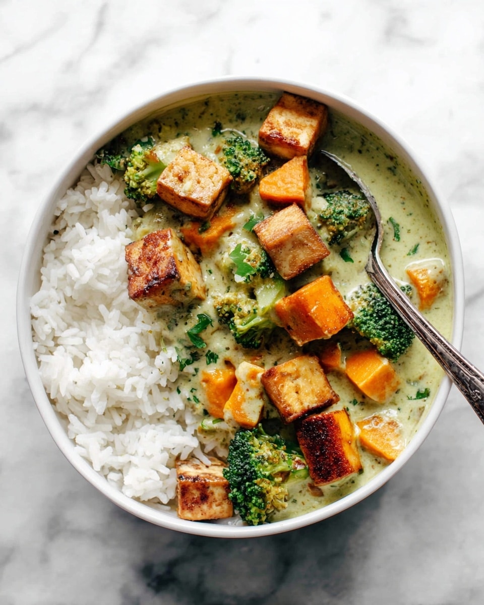 The bowl holds three main layers: a base of white rice taking up one half, topped with a creamy green sauce covering the other half and some rice edges, with cubes of golden brown tofu, green broccoli florets, and orange sweet potato chunks mixed evenly in the sauce. The tofu pieces show a crispy outside texture, and the sauce looks smooth with visible green herbs. A silver spoon rests inside the bowl, touching both the rice and the saucy vegetable mix. The bowl is white, placed on a white marbled surface. photo taken with an iphone --ar 4:5 --v 7
