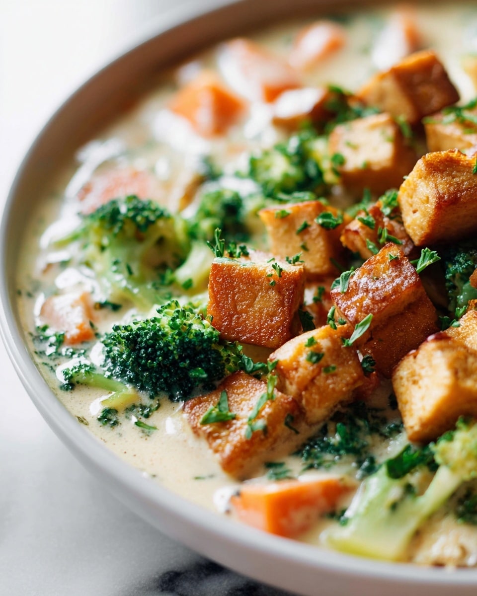 The dish shows a close-up view of a creamy vegetable stew in a white bowl. The first layer includes light cream sauce with visible soft orange chunks that look like cooked carrots spread evenly. On top of that, there are bright green broccoli pieces adding a fresh and healthy look. The third layer features golden brown tofu cubes with a slightly crispy texture, sprinkled with small pieces of chopped green herbs for color and freshness. The ingredients sit in the white bowl with the edges showing, set against a white marbled texture background. photo taken with an iphone --ar 4:5 --v 7