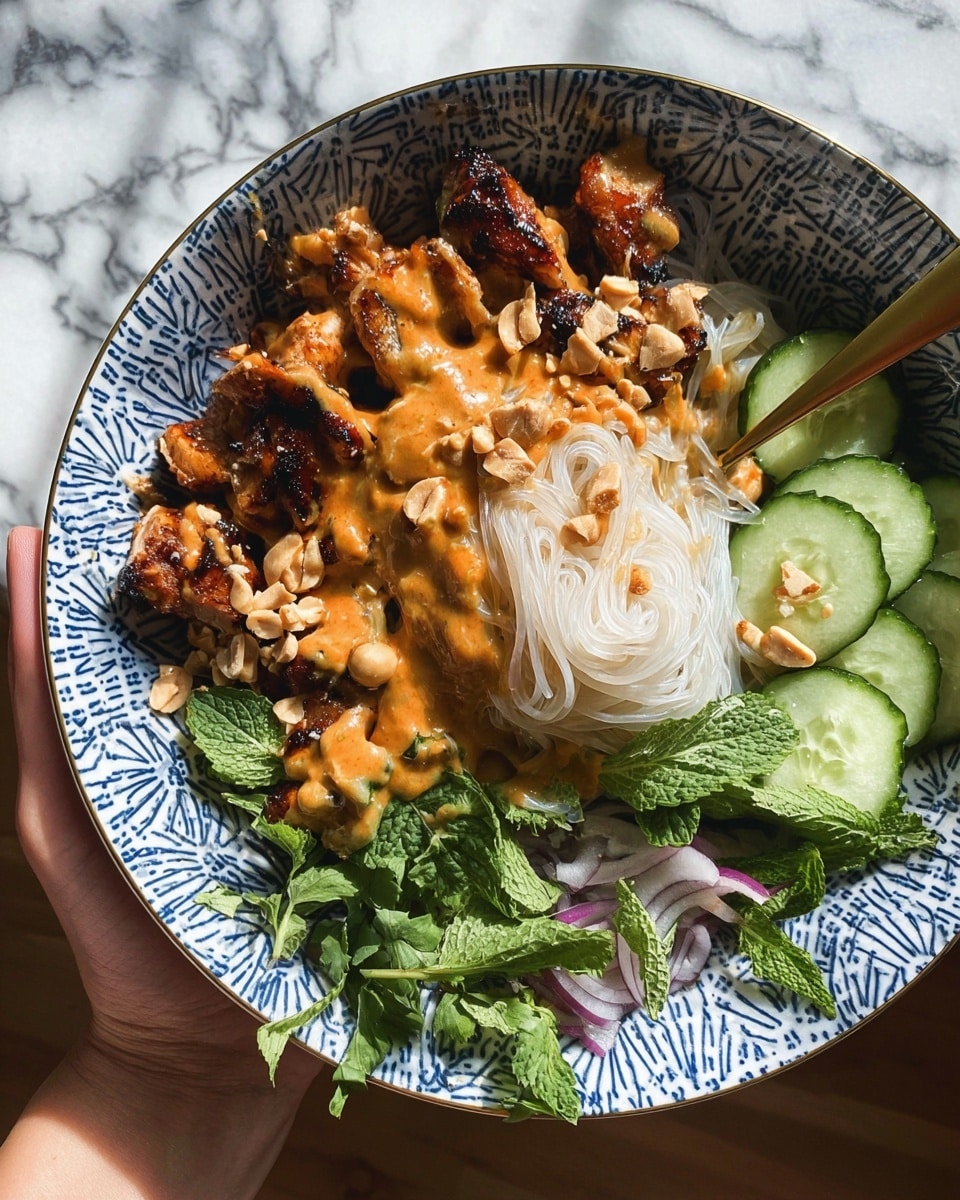A white bowl with a blue and white geometric pattern contains three main layers of food arranged side by side: on the left, a layer of charred grilled chicken pieces topped with chunky crushed peanuts and drizzled with a thick orange peanut sauce; in the center, a neat pile of thin white rice noodles with some sauce on top; on the right, sliced cucumbers, thinly sliced red onions, and fresh green herbs including mint and cilantro. A gold fork is partially embedded in the cucumber and herb section. A woman's hand holds the bowl from the bottom left corner, and the background is a white marbled texture. Photo taken with an iphone --ar 4:5 --v 7