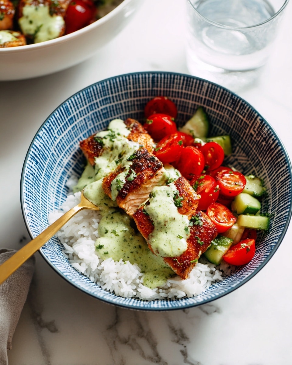 A white bowl with a blue geometric pattern holds a dish with three main layers: the bottom layer is white rice covering half the bowl, next to a fresh salad of red cherry tomato halves and small green cucumber pieces mixed with herbs, and on top, three pieces of cooked salmon with a crispy brown crust draped in a light green creamy sauce. A gold fork is piercing one piece of salmon. The bowl is placed on a white marbled surface with a glass of water nearby and a white bowl of similar salad partially visible next to it. photo taken with an iphone --ar 4:5 --v 7