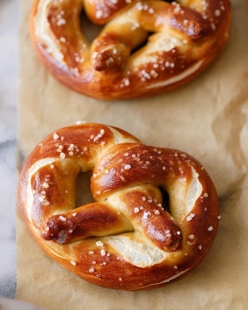 The image shows two soft pretzels with a golden-brown crust, each twisted into the classic knot shape. Each pretzel has a smooth, glossy surface with coarse salt crystals sprinkled on top, adding texture and sparkle. The pretzels rest on light tan parchment paper, showing subtle creases and a light sheen from a coating of butter or oil. The edges of the pretzels are slightly darker, with some spots showing a rich caramelized color, while the inner parts remain lighter, indicating a fluffy interior. The background is a white marbled texture. photo taken with an iphone --ar 4:5 --v 7