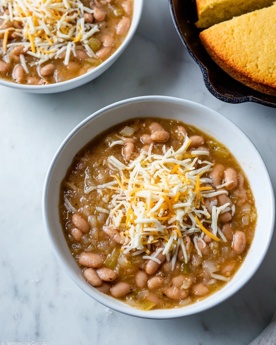 A white bowl filled with a thick bean soup, showing many light brown beans and some small bits of onion in a slightly chunky, brown broth. On top of the soup is a pile of shredded cheese in two colors: pale yellow and white, scattered unevenly. In the background, there is another white bowl with a similar soup and cheese. To the upper right, a black cast iron skillet holds a round, golden cornbread with a slightly crumbly texture and a wedge cut out. The whole scene is set on a white marbled surface. photo taken with an iphone --ar 4:5 --v 7