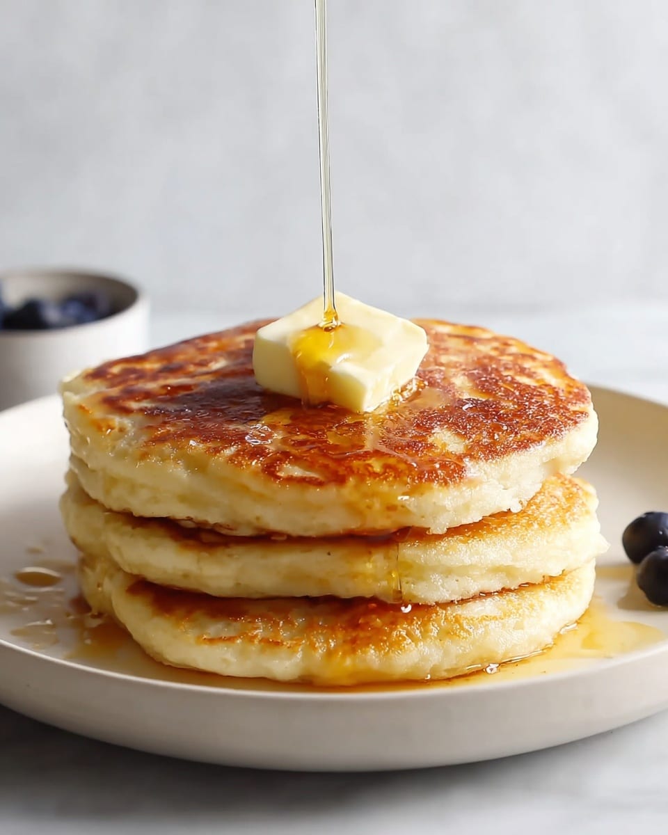 A stack of three thick, golden-brown pancakes sits in the center of a white plate, each pancake showing a soft and fluffy texture with slightly crispy edges. On the top pancake, there is a small square of melting butter, creamy yellow in color, slowly melting into the warm stack. A thin stream of amber syrup is being poured from above, glistening as it flows down the sides of the pancakes, creating a sticky shine that highlights their fluffy layers. The plate is placed on a white marbled surface with a few dark blueberries nearby for a hint of color. photo taken with an iphone --ar 4:5 --v 7