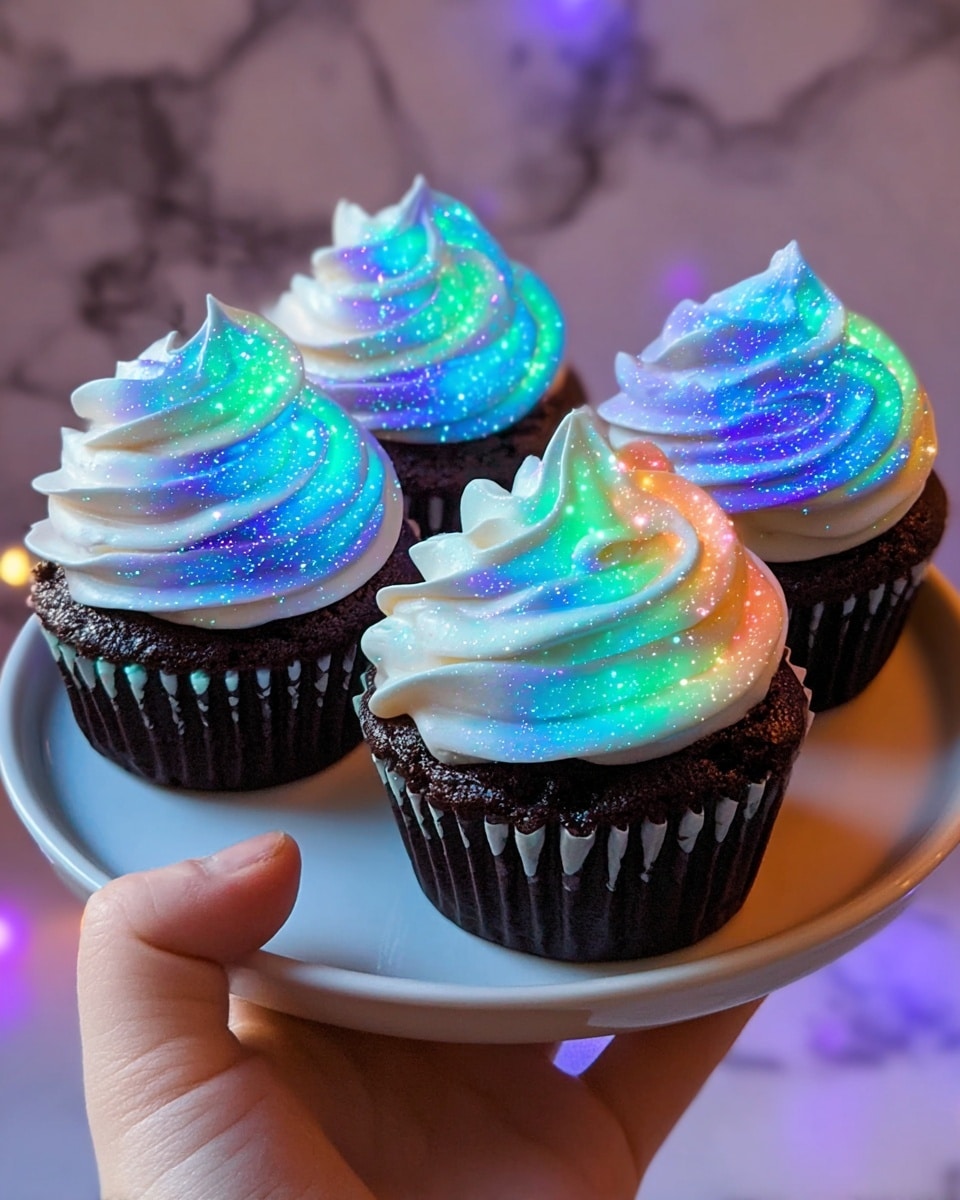 A white plate holds four chocolate cupcakes, each topped with a swirl of thick white frosting lit up in bright, colorful neon lights creating a glowing effect with shades of blue, green, purple, and orange, with tiny sparkling dots scattered across the frosting. The dark cupcakes have ridged black and white liners that contrast with the bright frosting. A woman's hand is holding the plate gently from below against a soft white marbled texture background. photo taken with an iphone --ar 4:5 --v 7
