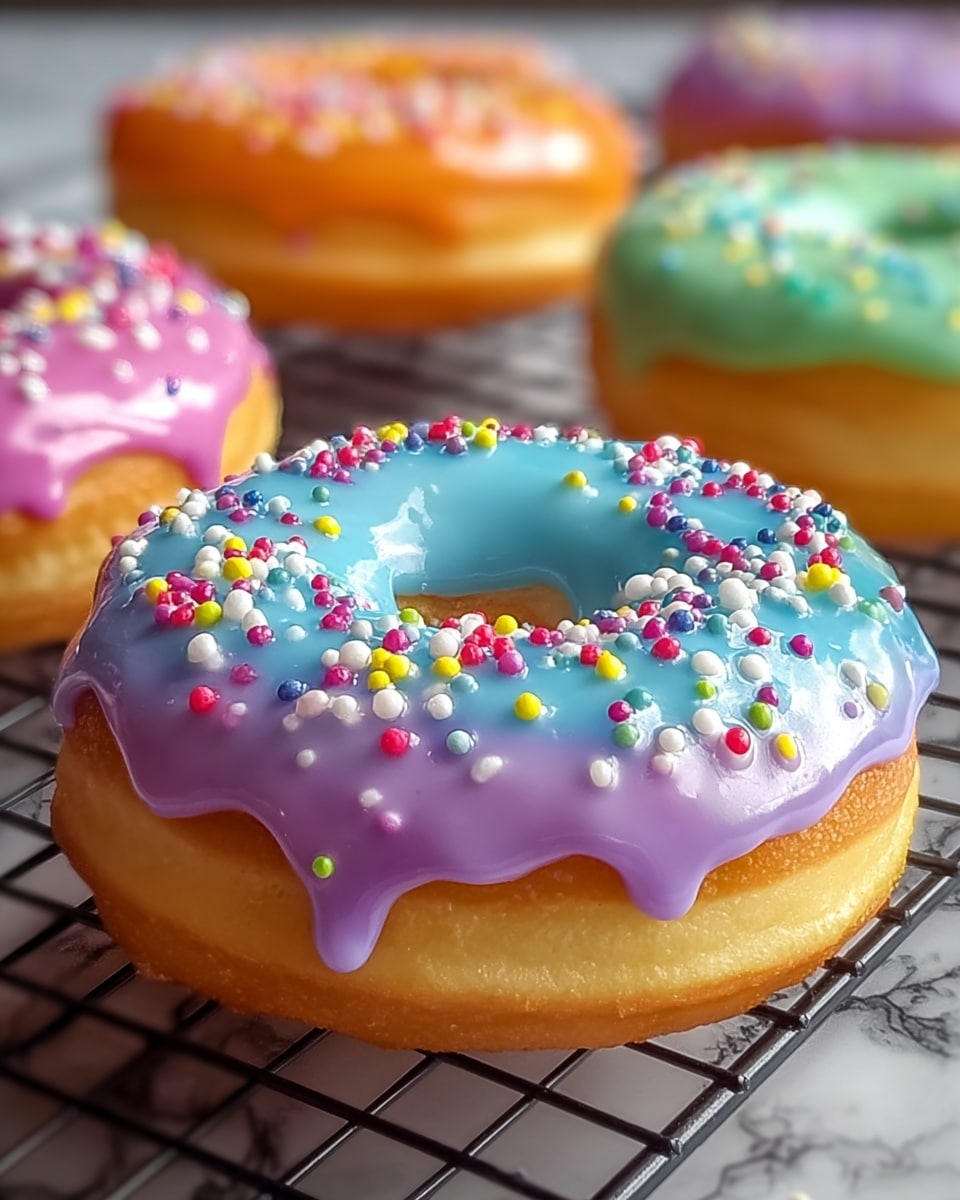 A close-up of a donut with a bite taken out of it, showing its soft, light yellow inside. The donut has a smooth, shiny icing layer divided into three colors: pastel blue, purple, and pink, each blending softly into the next. On top, there is a thick layer of colorful round and square sprinkles in various bright shades like green, orange, yellow, white, blue, and purple, covering the icing evenly. In the background, there are three more donuts with similar icing colors of pastel pink, yellow, and purple, also topped with colorful sprinkles. All donuts rest on a dark wire rack placed on a white marbled surface. photo taken with an iphone --ar 4:5 --v 7