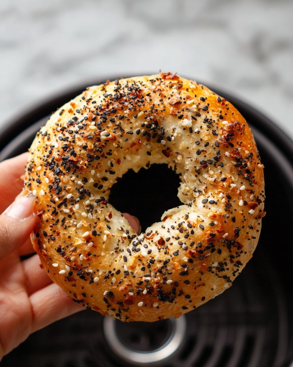 A close-up image of a toasted bagel held by a woman's hand, showing a golden-brown crust sprinkled with a mix of black sesame seeds, white sesame seeds, and bits of dried onion and garlic. The bagel has a slightly shiny, textured surface with the toppings evenly spread on top. Inside the background is the black inner part of an air fryer with a metal rim at the edge, contrasting with the light color of the bagel and the woman's hand. The setting is on a white marbled texture. Photo taken with an iphone --ar 4:5 --v 7