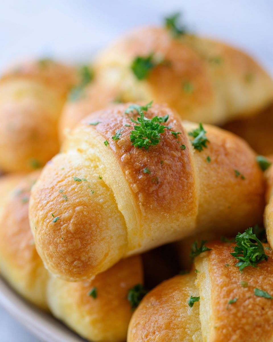 The image shows a close-up of multiple golden brown crescent rolls, baked with a slightly crispy texture on the outside. Each roll has a smooth, lightly browned surface with a few small flakes and visible layers. Bright green parsley leaves are scattered on top of the rolls, adding a fresh contrast in color. The rolls are piled closely together in a white plate, with the white marbled surface slightly visible in the background. The focus is mainly on the front roll, making the others softly blurred behind it. photo taken with an iphone --ar 4:5 --v 7