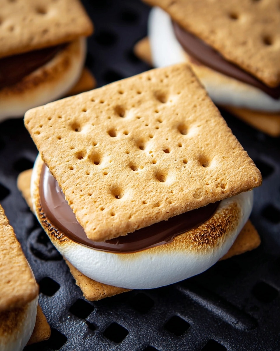 A close-up image showing a s’more with three layers: a toasted white marshmallow at the bottom that is slightly puffy and browned at the edges, a melted milk chocolate piece in the middle oozing softly, and a square, light brown graham cracker on top with small holes and a rough texture. The s’more is placed on a black perforated surface with other similar s’mores partially visible around it. photo taken with an iphone --ar 4:5 --v 7