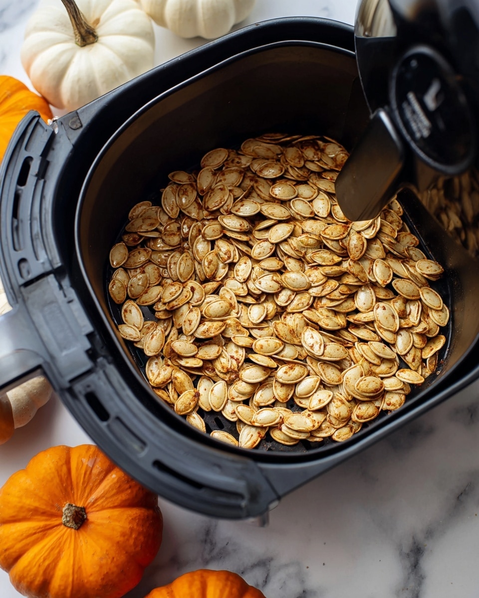 The image shows a black air fryer basket filled with a single layer of roasted pumpkin seeds. The seeds are light brown with darker brown roasted spots, and their surface looks slightly crispy with a textured coating. Around the air fryer, small white and orange pumpkins are visible in the background, placed on a white marbled surface. photo taken with an iphone --ar 4:5 --v 7