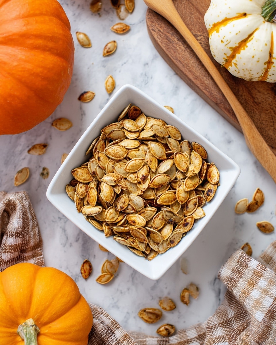 A square white bowl is filled with a large pile of roasted pumpkin seeds showing a golden-brown color with some darker charred spots, each seed smooth and slightly curved. The bowl sits on a white marbled surface scattered with a few loose seeds around it. Nearby are three pumpkins: one large bright orange pumpkin partially visible on the left, a smaller orange pumpkin in the bottom left corner, and a white pumpkin with orange markings resting on a wooden board on the top right. A beige and brown checkered cloth and a wooden spoon handle appear at the bottom edge of the image. photo taken with an iphone --ar 4:5 --v 7