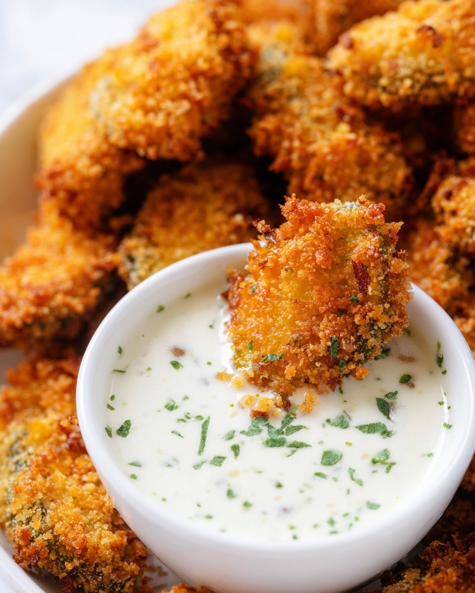 A close-up view of crunchy, golden-brown breaded jalapeño pieces stacked closely together, showing a rough and crispy texture with breadcrumbs. One jalapeño piece is held near a white bowl filled with creamy white dipping sauce sprinkled with small green herbs, adding a smooth contrast to the crunchy fried food. The scene is placed on a white marbled surface, making the warm colors of the fried jalapeños and the cool white sauce stand out clearly. photo taken with an iphone --ar 4:5 --v 7