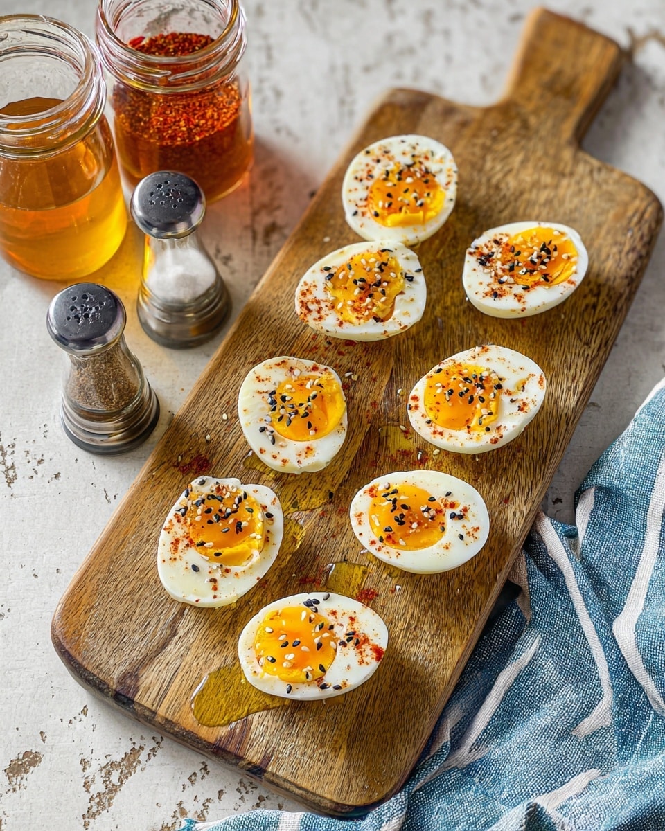 The image shows eight halves of hard-boiled eggs arranged on a wooden cutting board. Each egg half has a smooth white outer layer and a bright yellow yolk in the center. The yolks are topped with a mix of black and white sesame seeds and a light red spice powder sprinkled evenly, adding texture and color contrast. There is a light drizzle of golden olive oil on the eggs and cutting board, adding shine and moisture. Around the cutting board, there are glass jars, one with a red spice, and two small shakers, all placed on a white marbled textured surface with a blue and white striped cloth nearby. Photo taken with an iphone --ar 4:5 --v 7