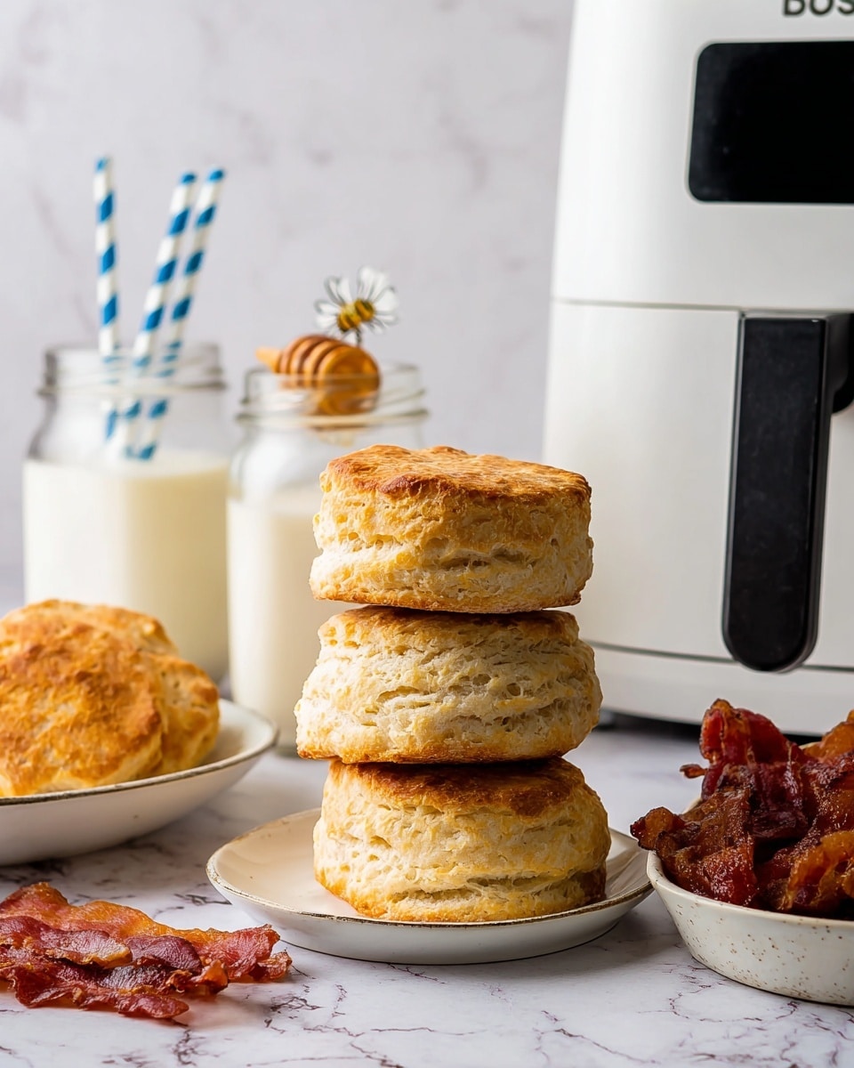 The image shows a stack of three golden-brown biscuits with a slightly rough, flaky texture, placed neatly one on top of the other in the center on a white marbled surface. To the left, there is a white plate holding more biscuits, and to the right, a white bowl filled with crispy, reddish-brown bacon strips. Behind them are two glass jars of milk with blue and white striped straws and a honey pot with a small bee decoration. The background features a white air fryer with a black top and handle, all set against a white marbled texture. photo taken with an iphone --ar 4:5 --v 7