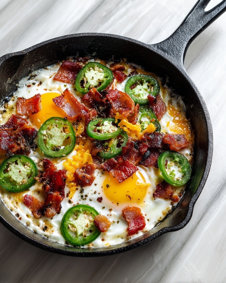 A black cast iron pan on a white marbled surface holds a layered dish starting with a base of smooth, white cream or cheese. On top, there are thin, round green slices of jalapeño peppers scattered unevenly. Over the peppers, pieces of crispy red-brown cooked bacon are placed, adding texture and color. Small patches of bright yellow, crunchy cheese bits are sprinkled around and on top, giving a mix of colors and textures. The whole arrangement looks rustic with colors of white, green, red, and yellow spread naturally inside the pan. Photo taken with an iphone --ar 4:5 --v 7